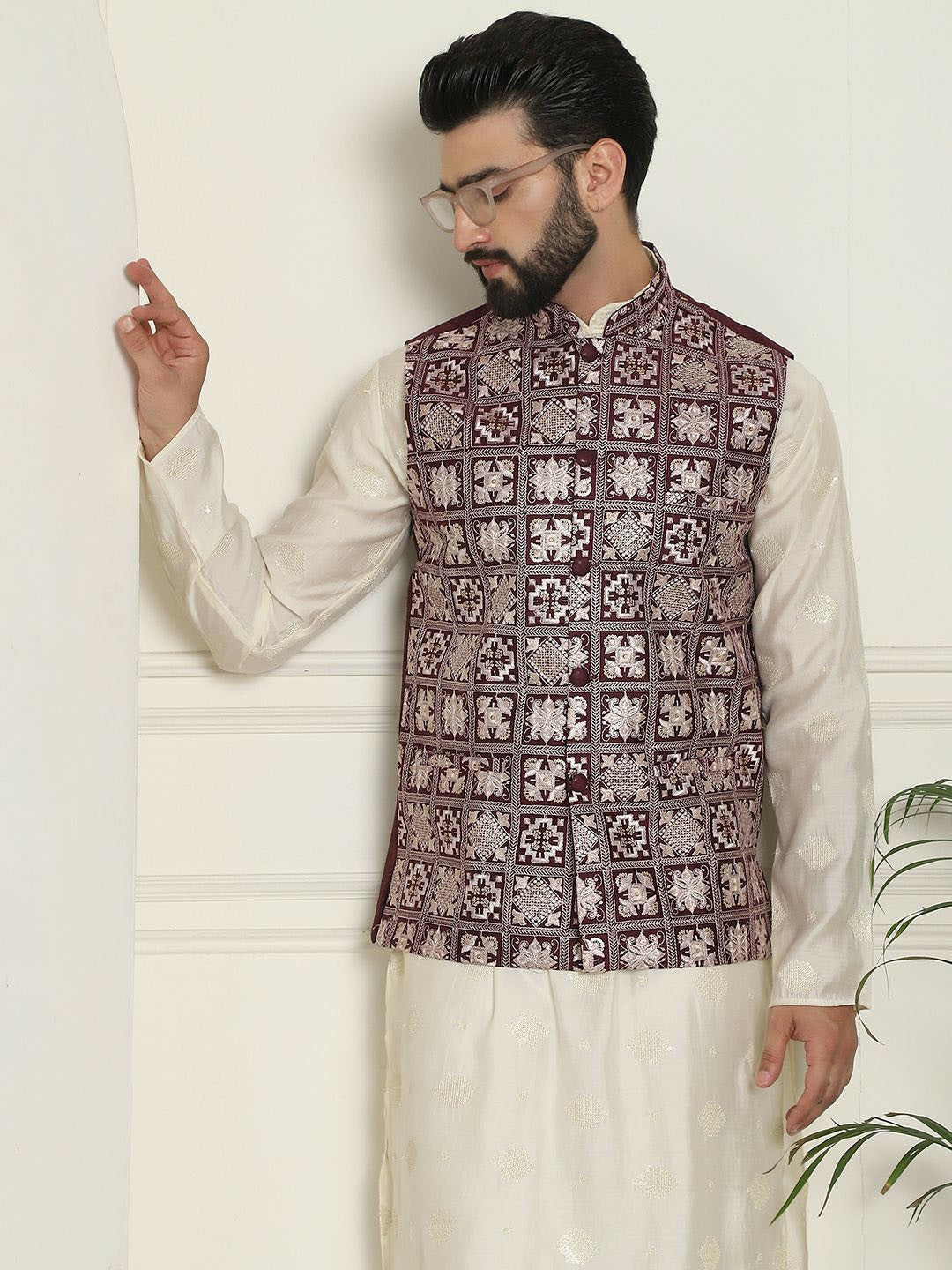 Men’s Maroon Embroidered Woven Nehru Jacket – Traditional Elegance