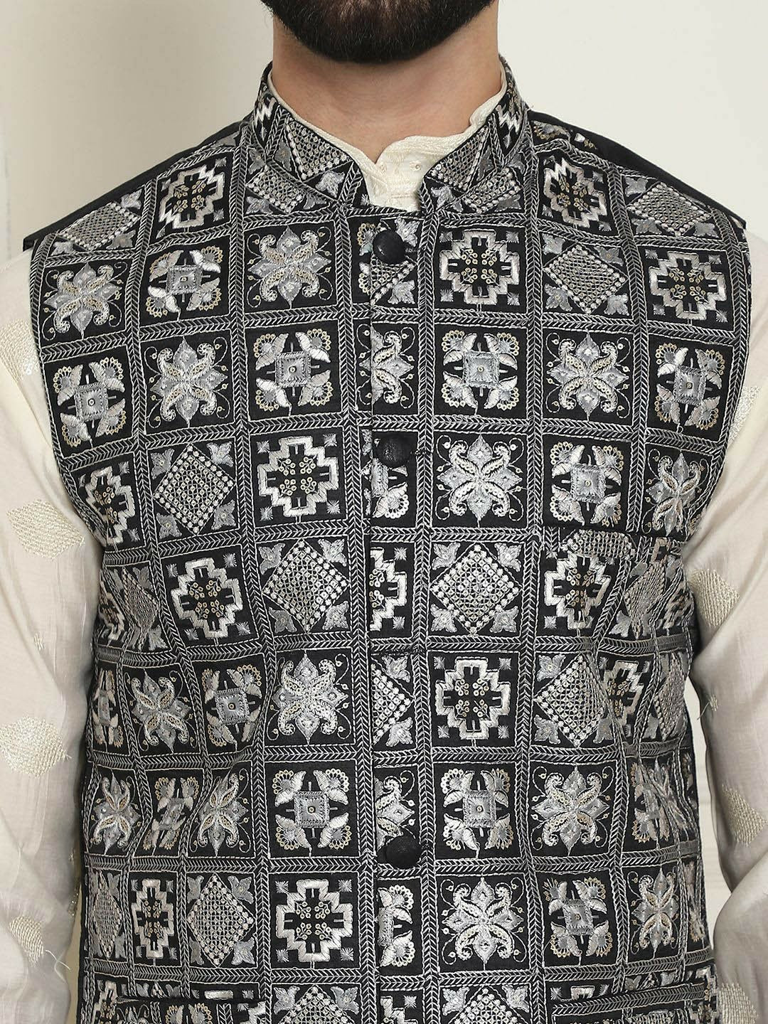Men’s Black Embroidered Woven Nehru Jacket – Traditional Elegance