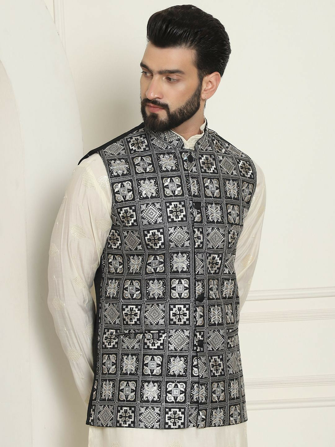 Men’s Black Embroidered Woven Nehru Jacket – Traditional Elegance