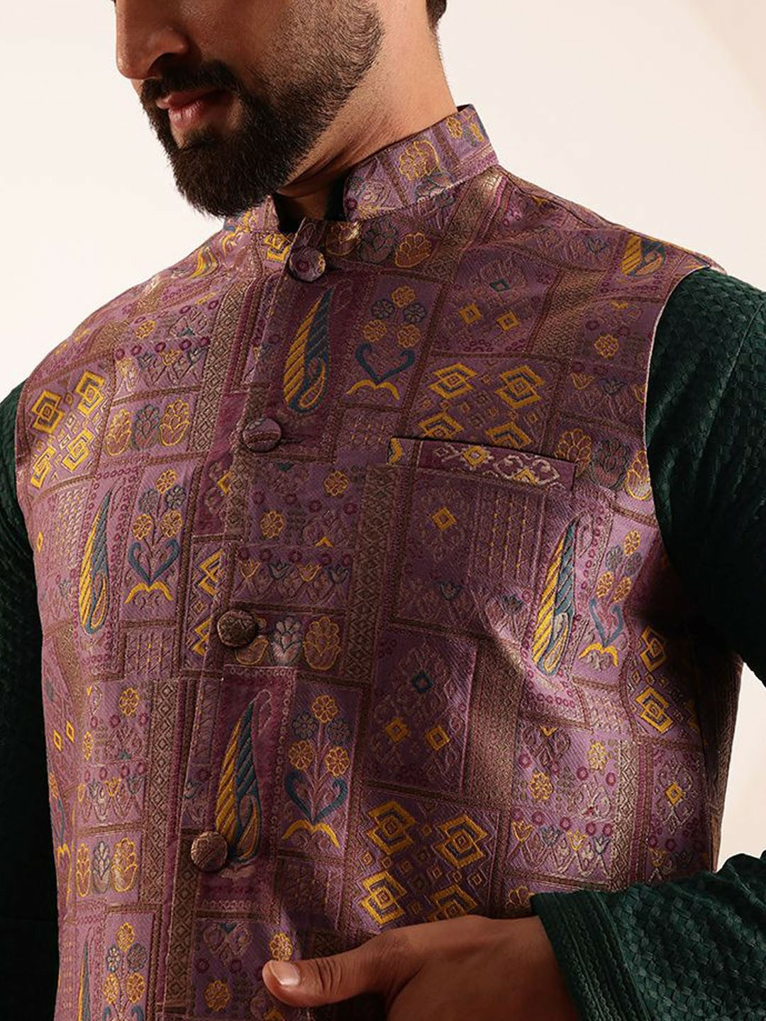 Men’s Geometric Brocade Nehru Jacket – Traditional Elegance