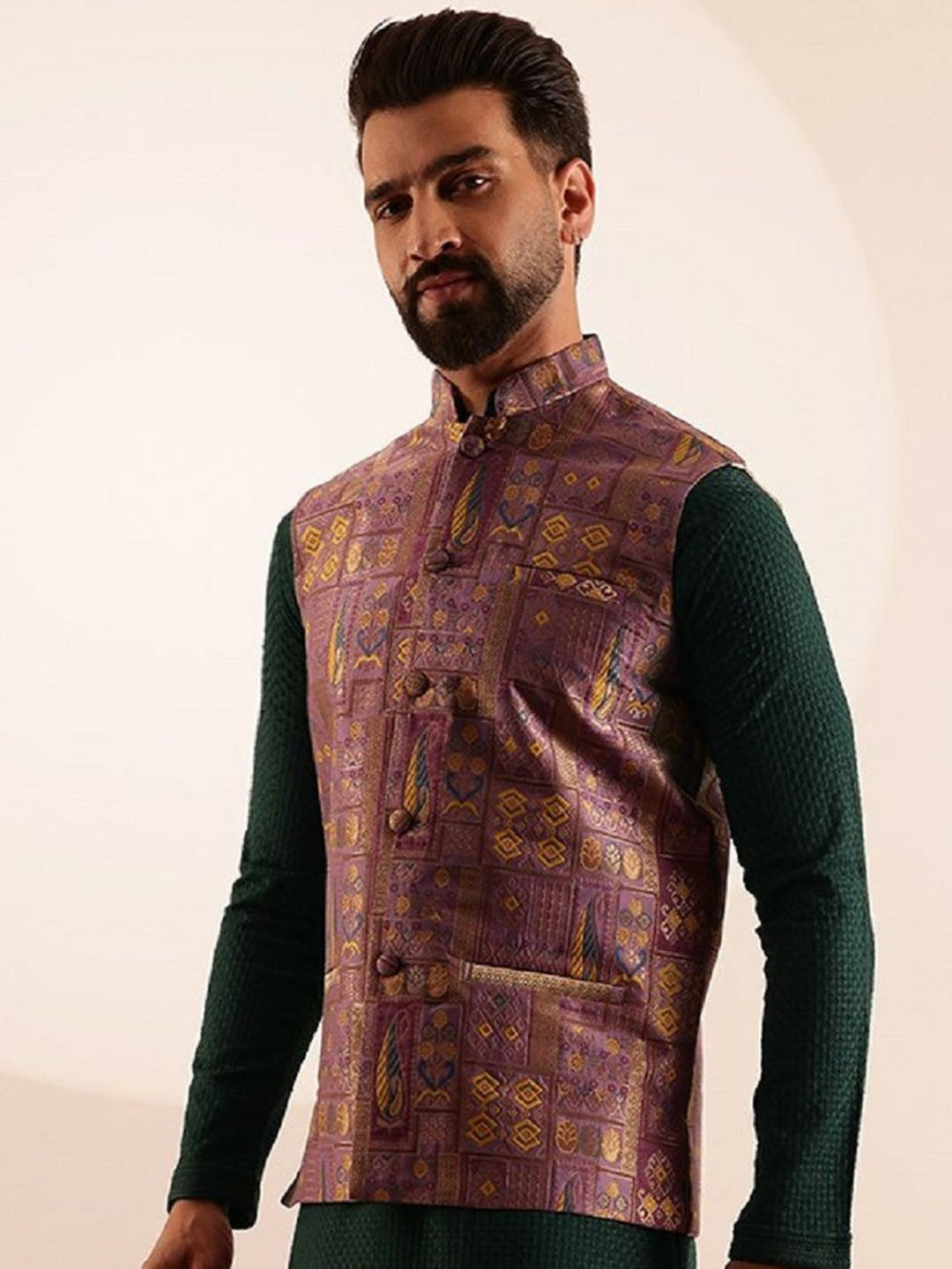 Men’s Geometric Brocade Nehru Jacket – Traditional Elegance