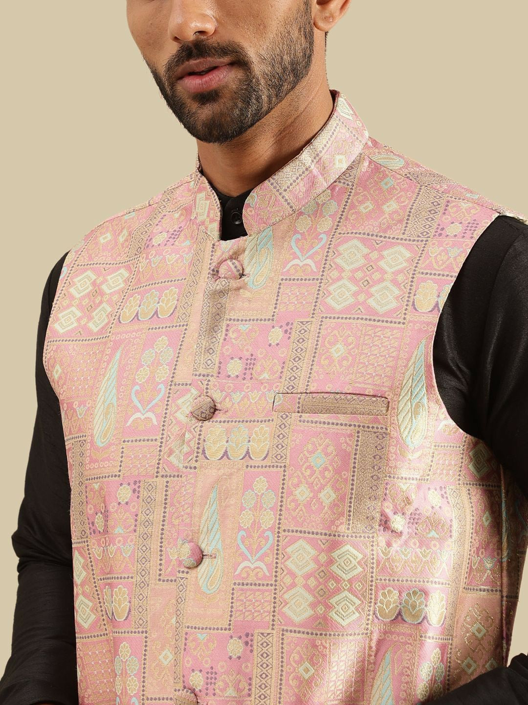 Men’s Pink Woven Design Nehru Jacket – Traditional Elegance