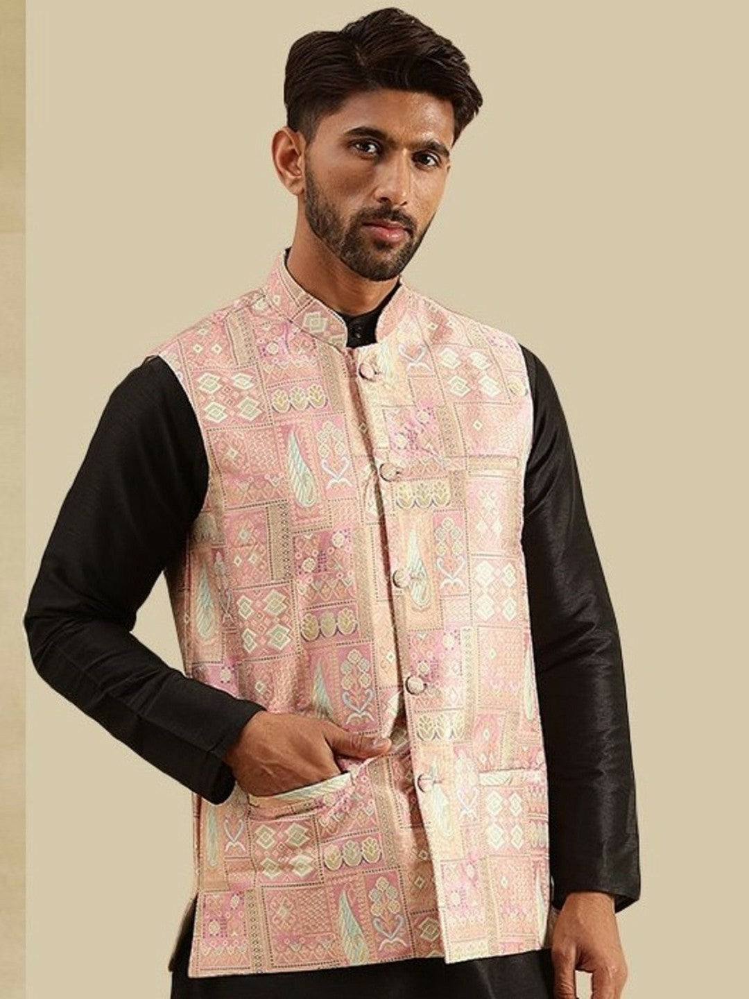 Men’s Pink Woven Design Nehru Jacket – Traditional Elegance