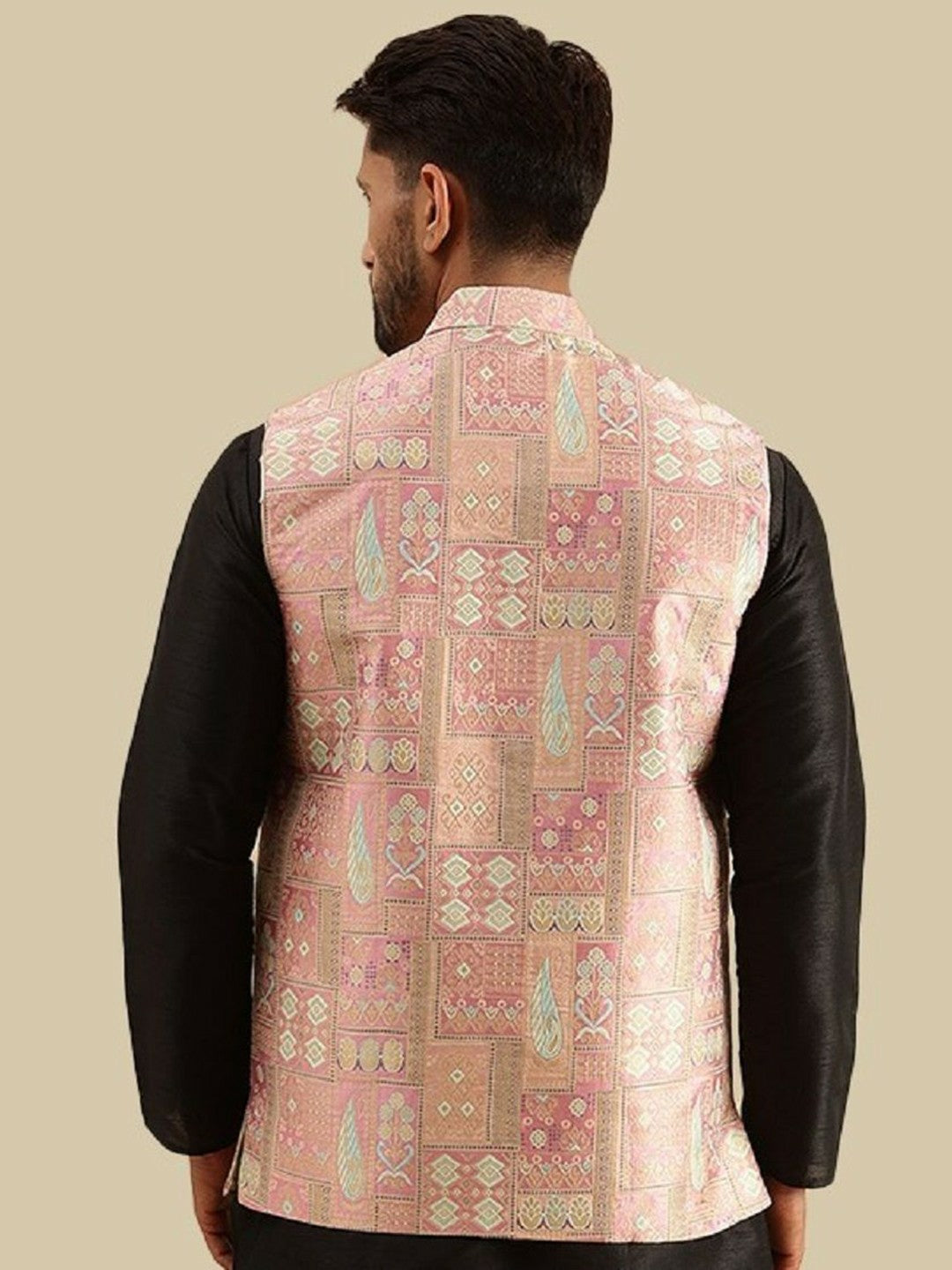Men’s Pink Woven Design Nehru Jacket – Traditional Elegance