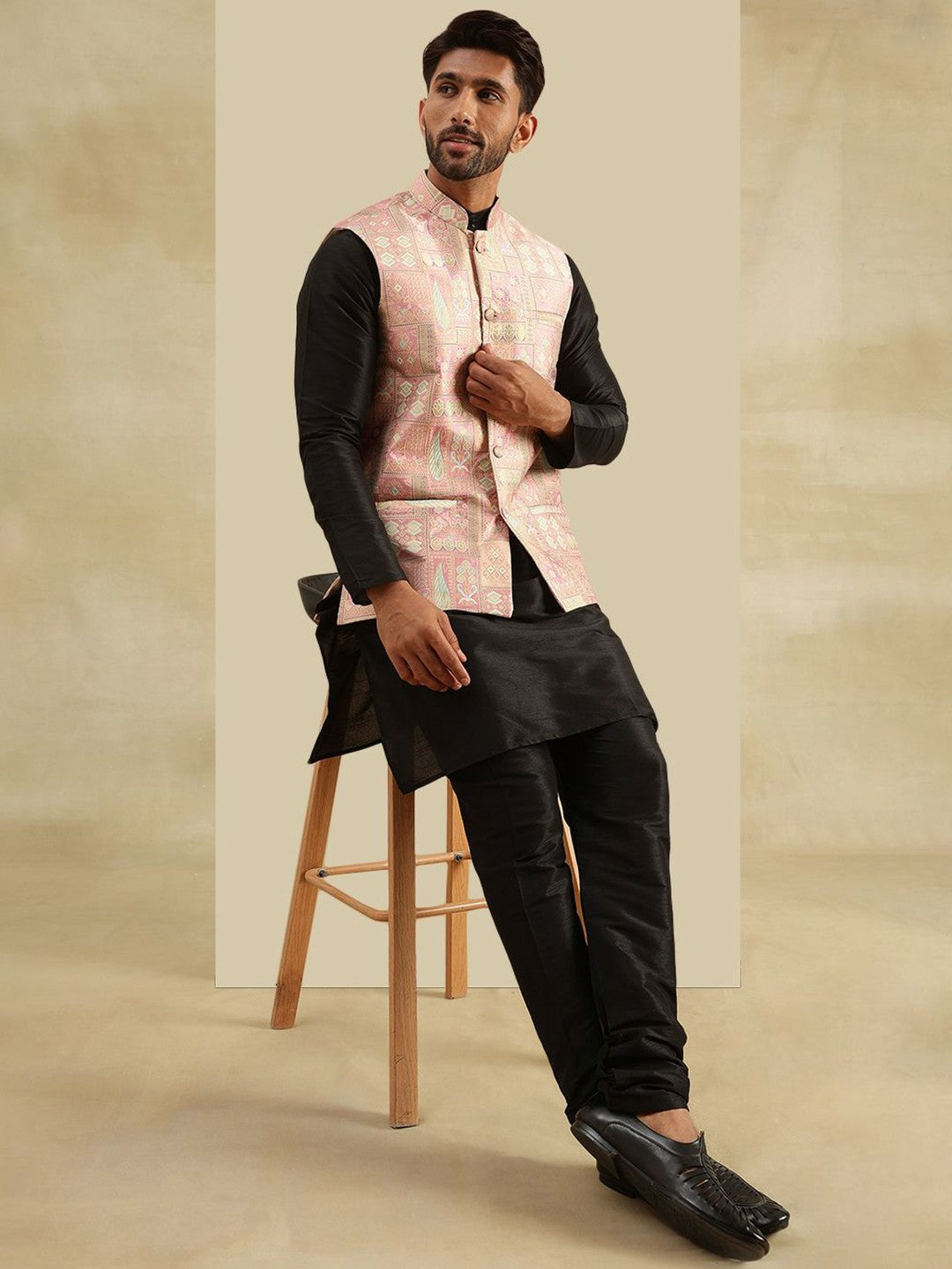 Men’s Pink Woven Design Nehru Jacket – Traditional Elegance