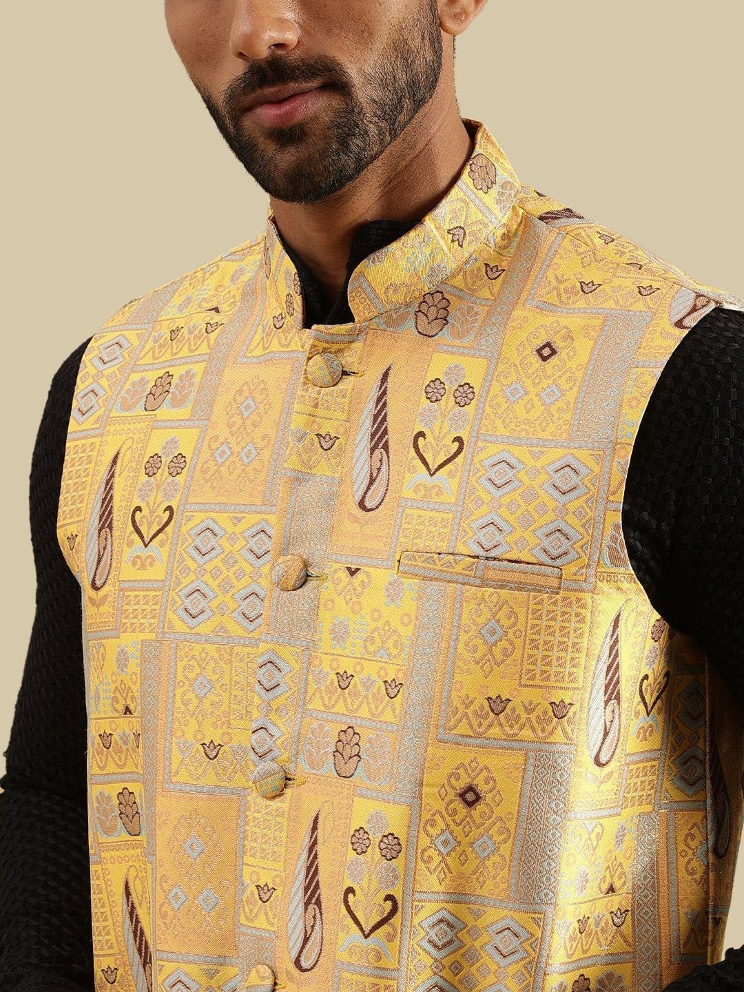 Men’s Geometric Brocade Design Nehru Jacket – Traditional Elegance