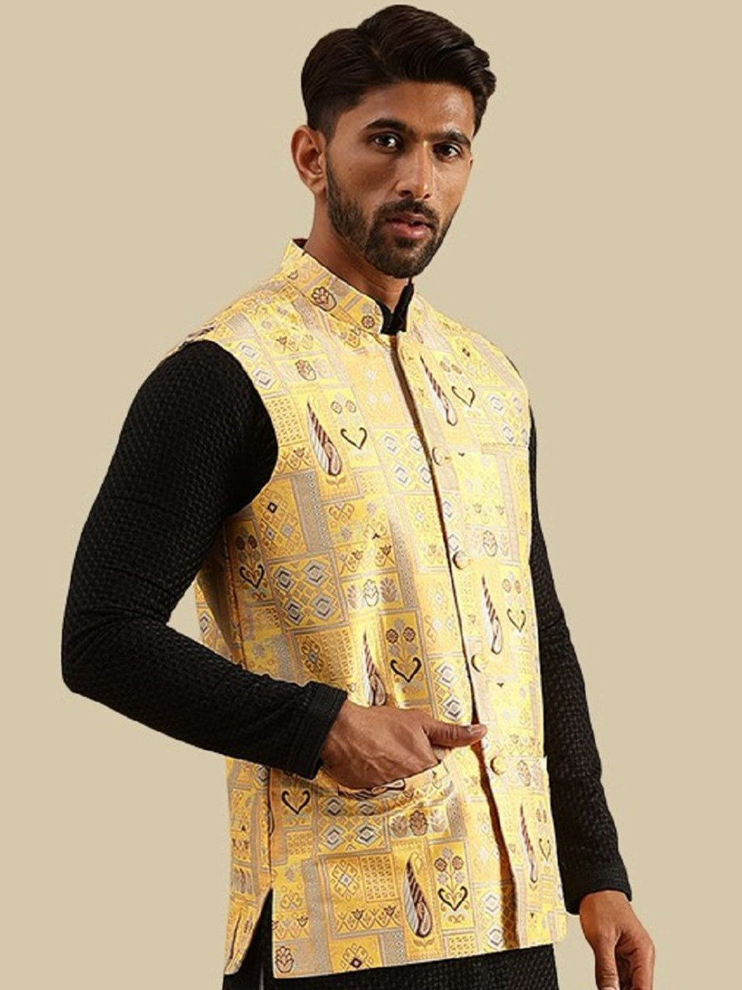 Men’s Geometric Brocade Design Nehru Jacket – Traditional Elegance