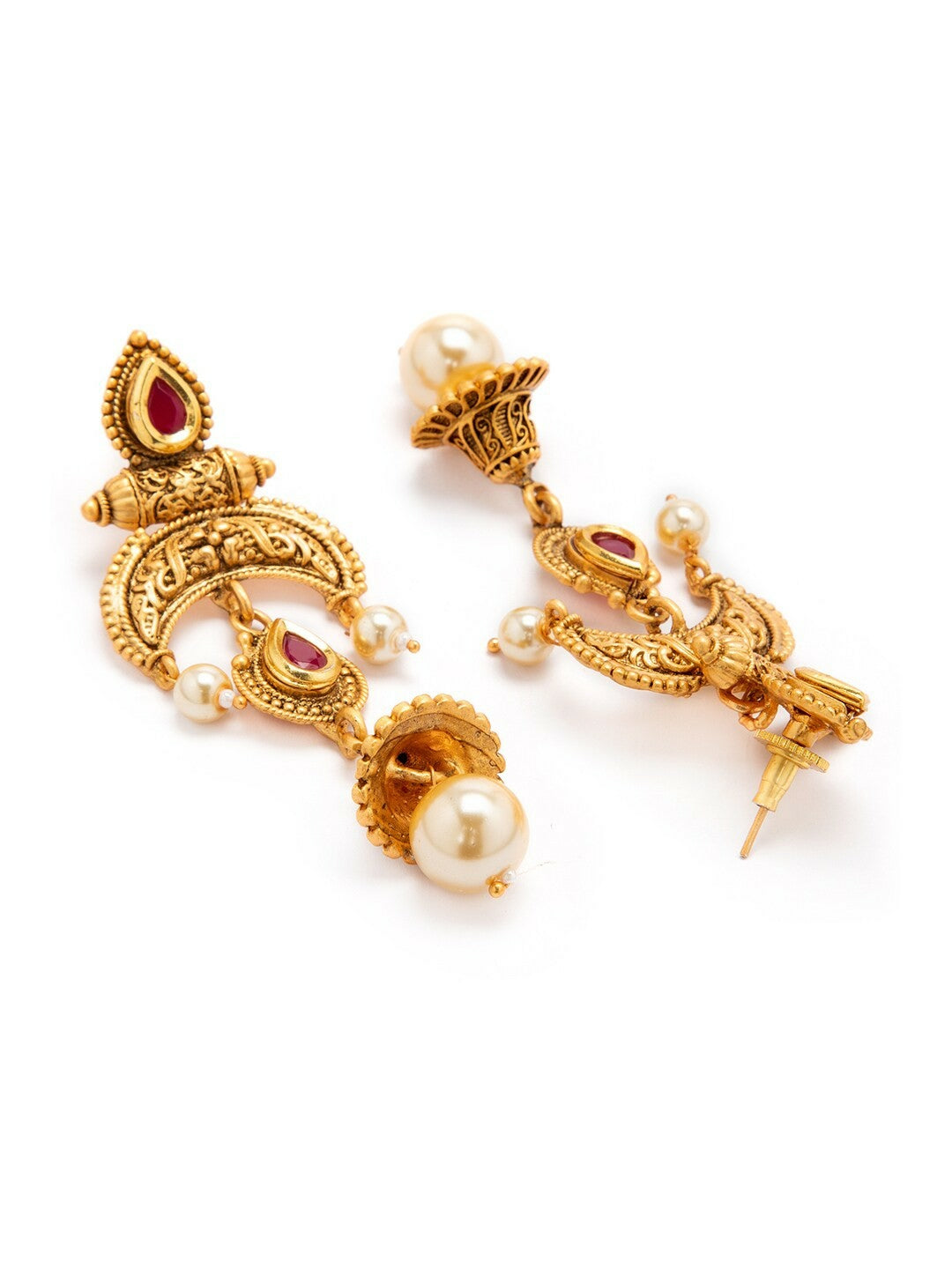 Women’s 18K Gold-Plated Temple Jewellery Set with Red & White Stones & Pearl Beads – Indiaista