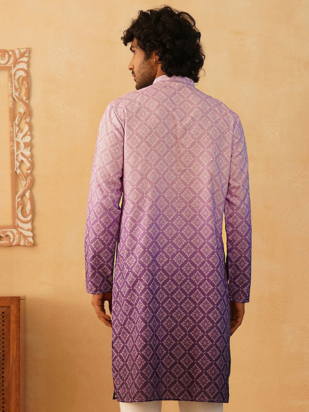 Men’s Purple Printed Band-Collar Cotton Kurta – Ethnic Chic