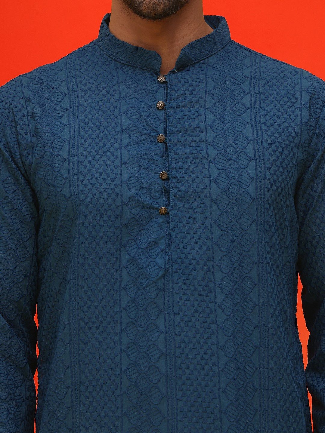 Men’s Teal Blue Chikankari Kurta – Geometric Embroidery, Pure Cotton