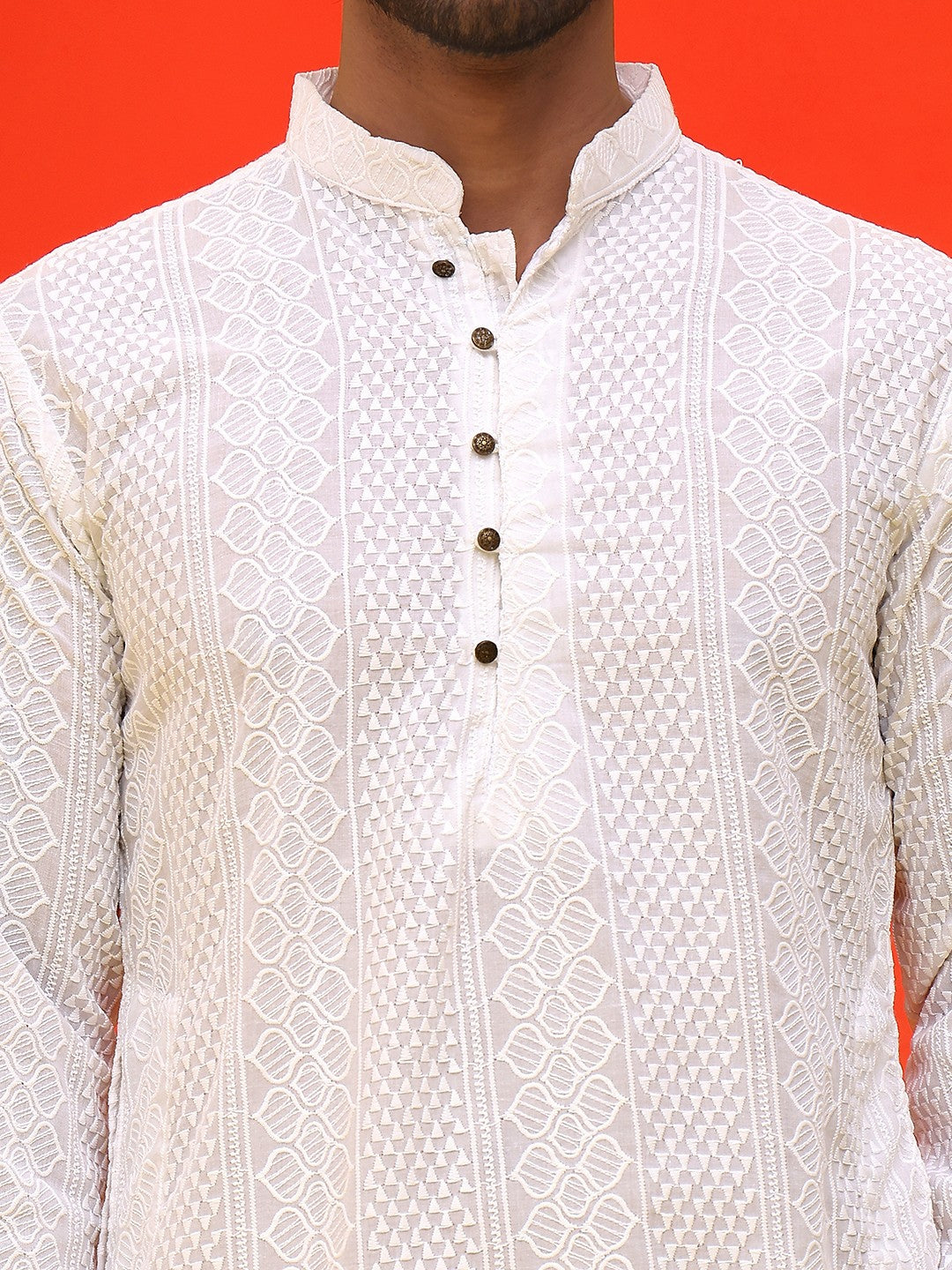 Men’s White Geometric Chikankari Kurta – Pure Cotton, Mandarin Collar