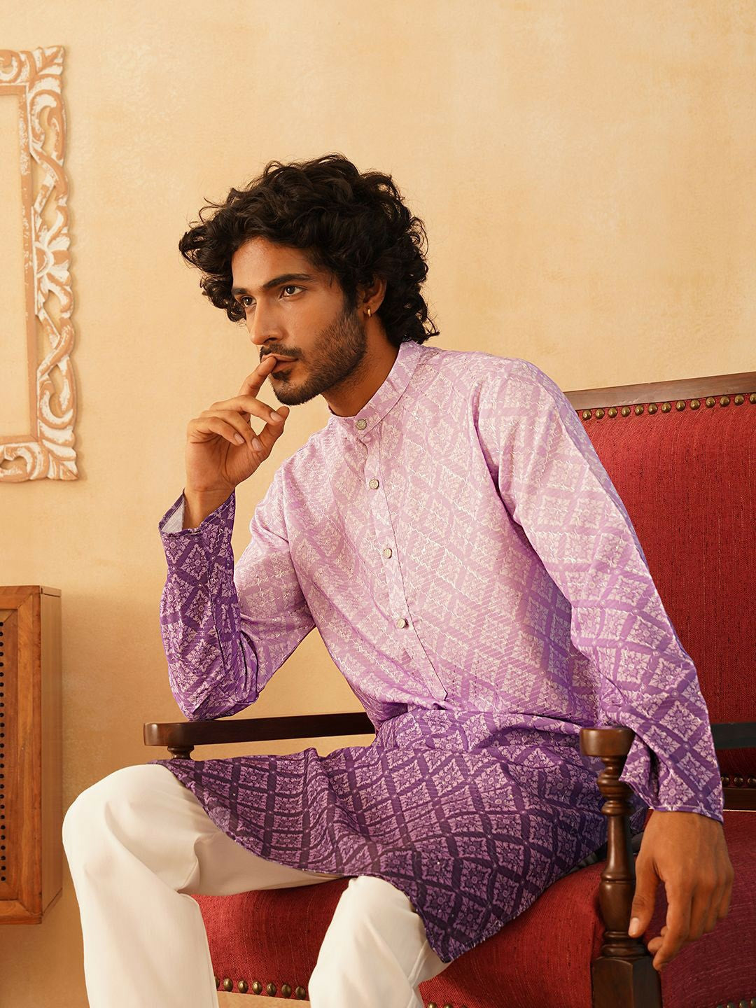Men’s Purple Printed Band-Collar Cotton Kurta – Ethnic Chic