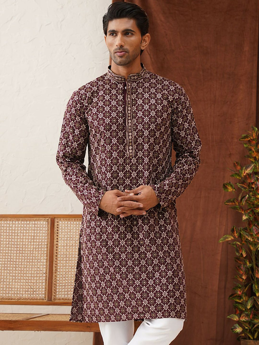 Men’s Purple Geometric Sequinned Kurta – Viscose Rayon, Mandarin Collar