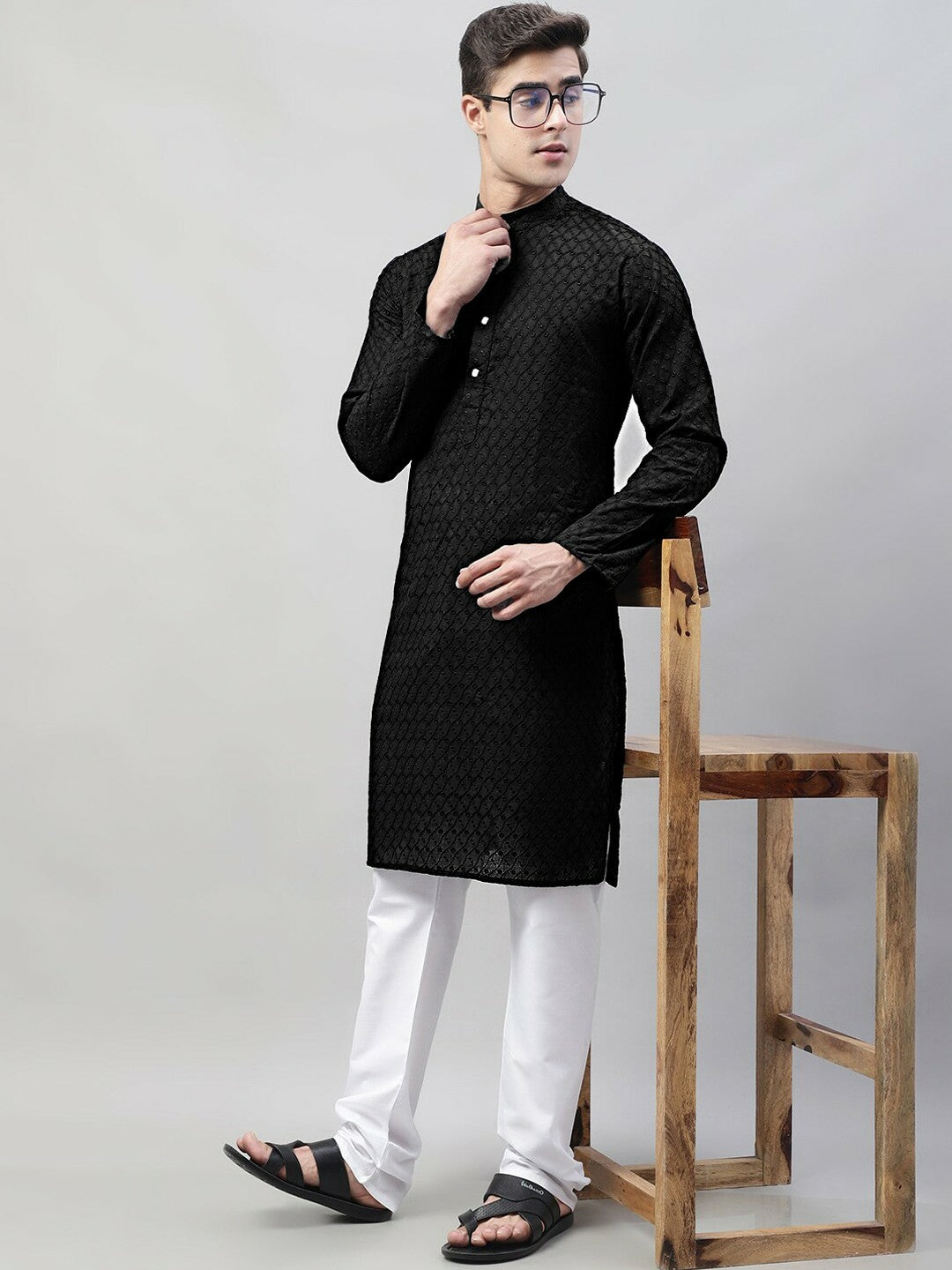 Men’s Black Embroidered Mandarin Collar Cotton Kurta