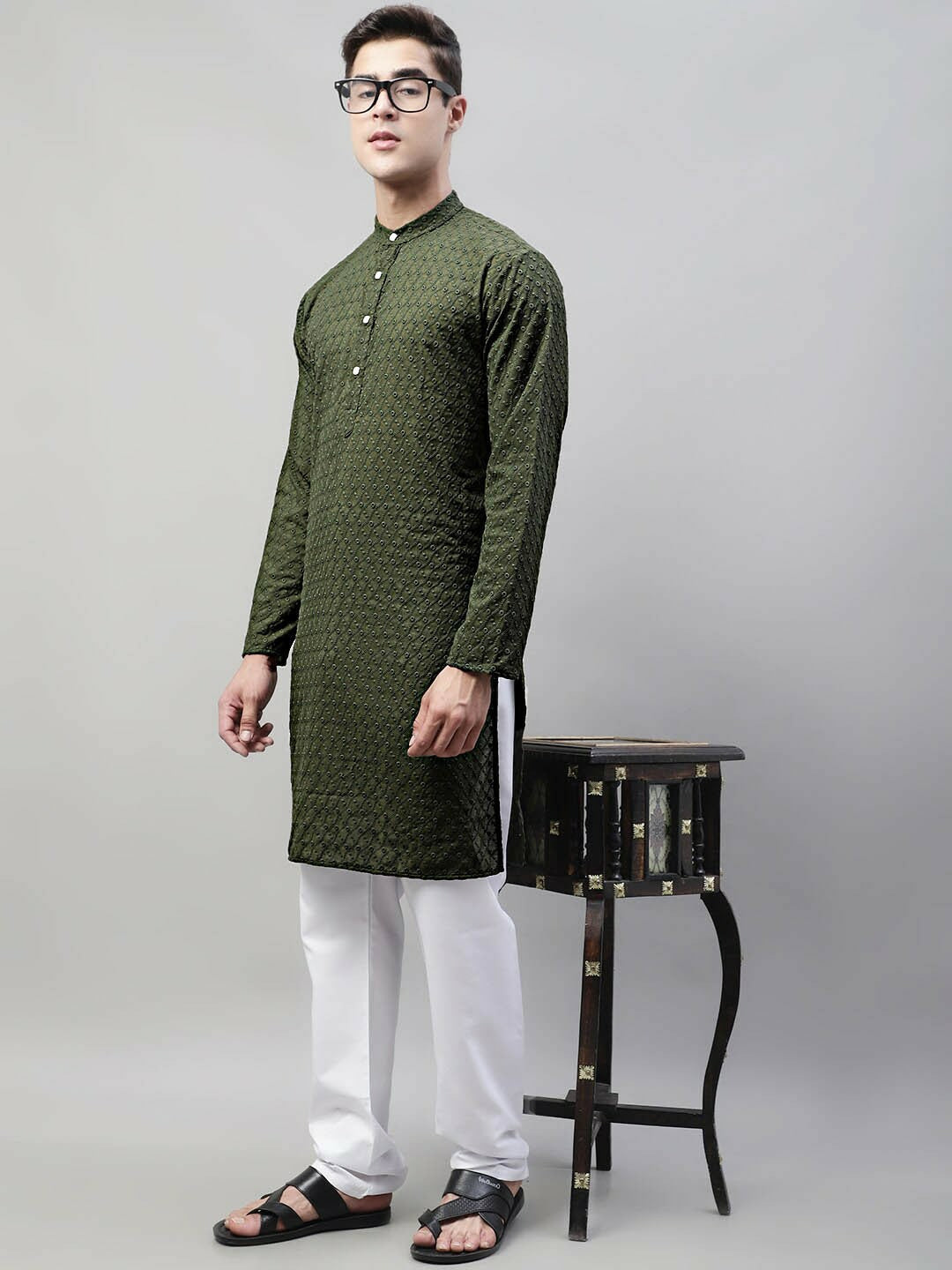 Men’s Olive Green Embroidered Cotton Kurta – Mandarin Collar, Pure Cotton