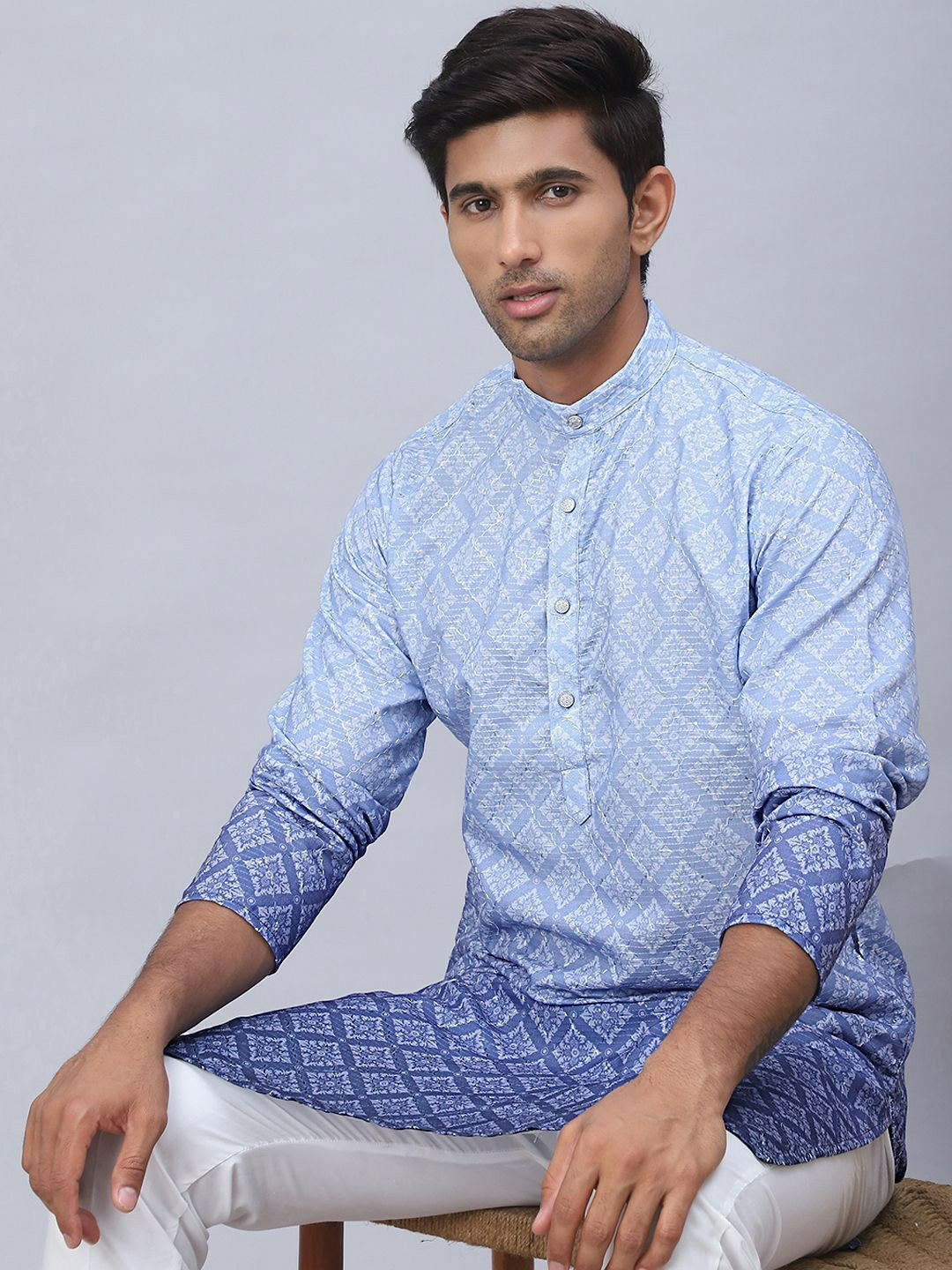 Men’s Blue Ethnic Print Kurta – Pure Cotton with Mandarin Collar