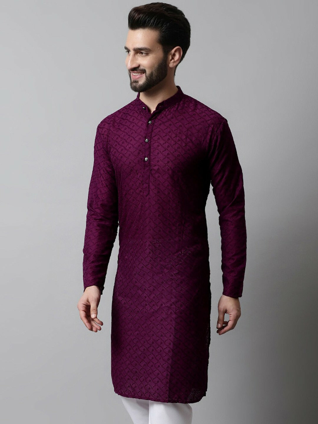 Men’s Purple Embroidered Cotton Kurta – Mandarin Collar, Straight Fit