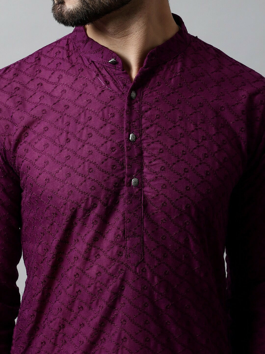 Men’s Purple Embroidered Cotton Kurta – Mandarin Collar, Straight Fit