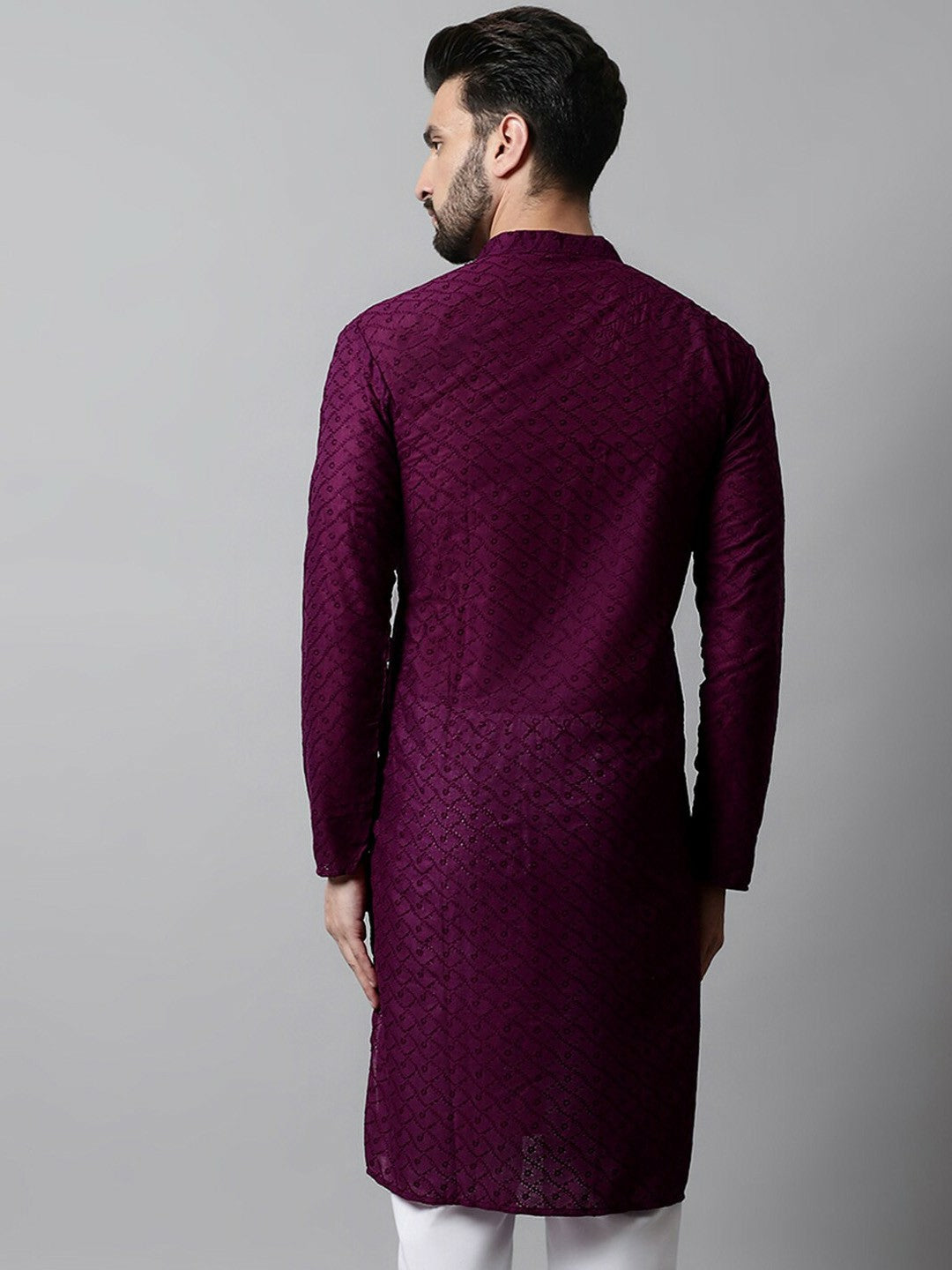 Men’s Purple Embroidered Cotton Kurta – Mandarin Collar, Straight Fit