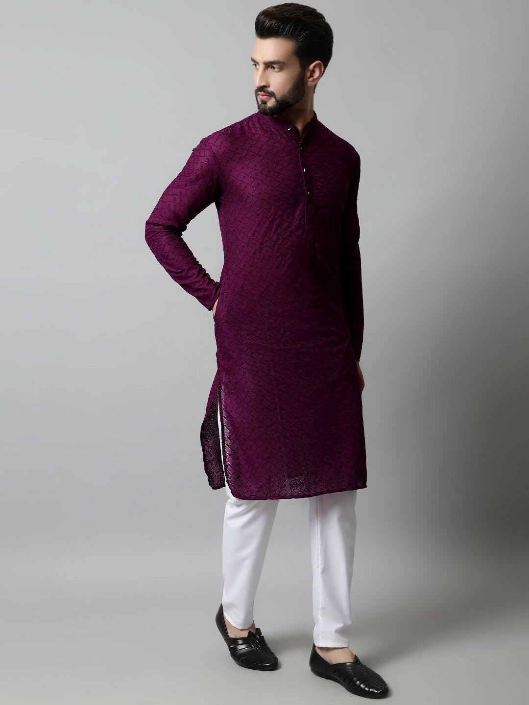 Men’s Purple Embroidered Cotton Kurta – Mandarin Collar, Straight Fit