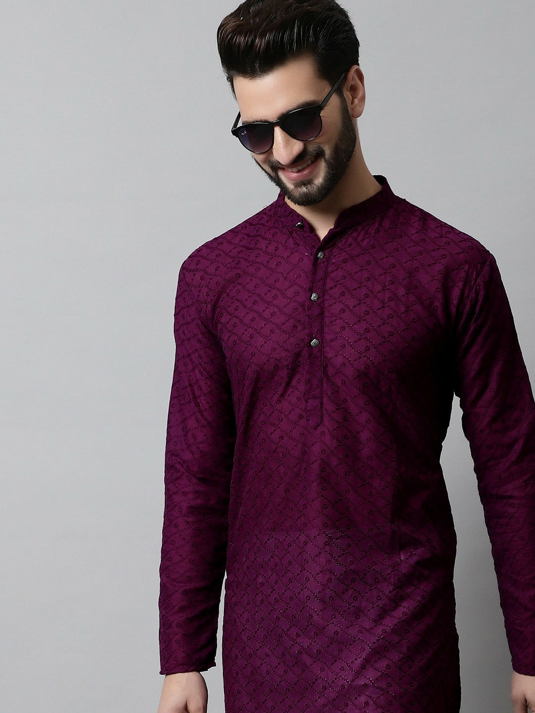 Men’s Purple Embroidered Cotton Kurta – Mandarin Collar, Straight Fit