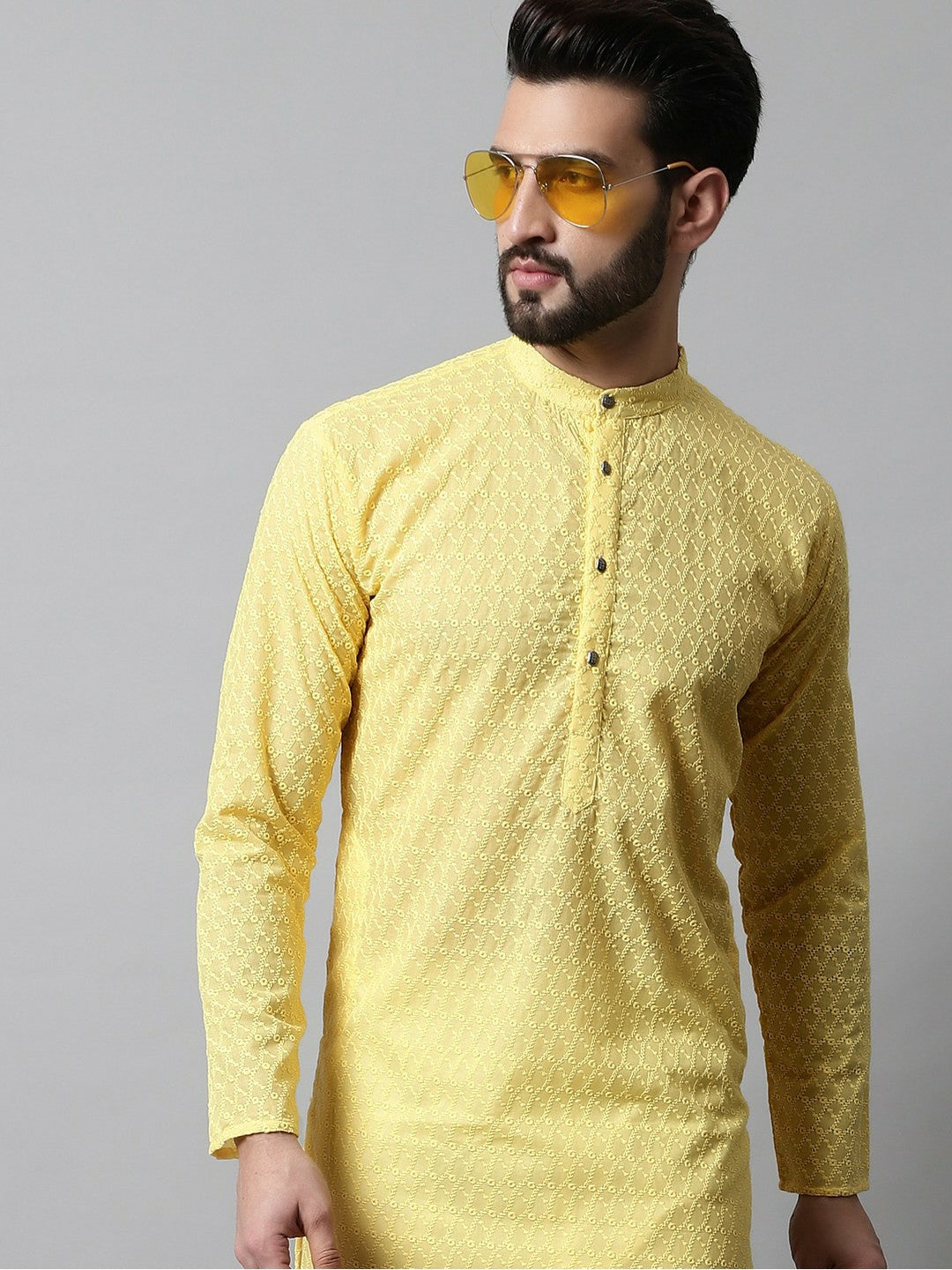 Men’s Sunshine Yellow Embroidered Cotton Kurta – Mandarin Collar