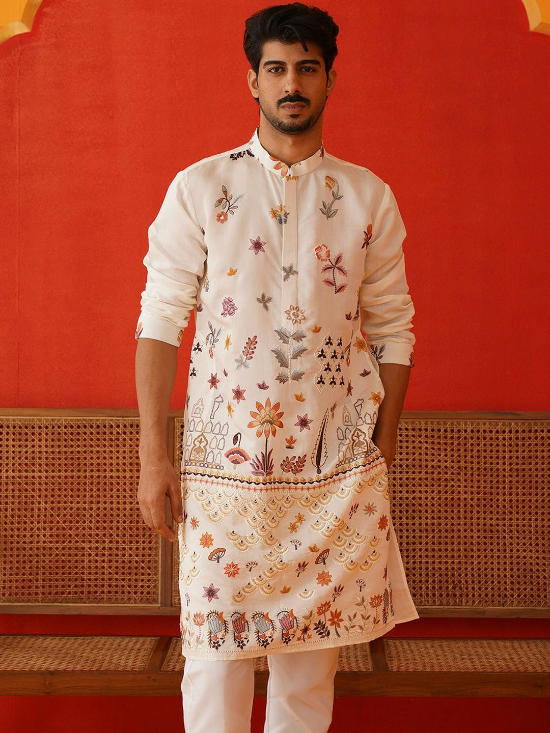 Men’s White Floral Chikankari Kurta – Silk-Blend, Mandarin Collar