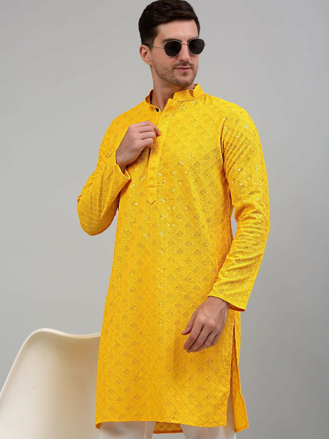 Men’s Yellow Geometric Embroidered Sequinned Kurta – Cotton, Mandarin Collar