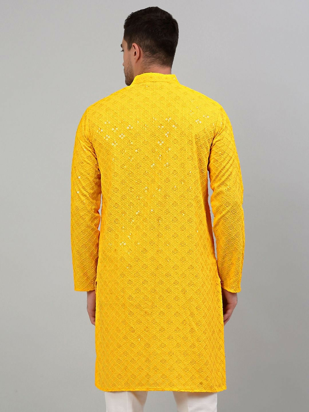 Men’s Yellow Geometric Embroidered Sequinned Kurta – Cotton, Mandarin Collar