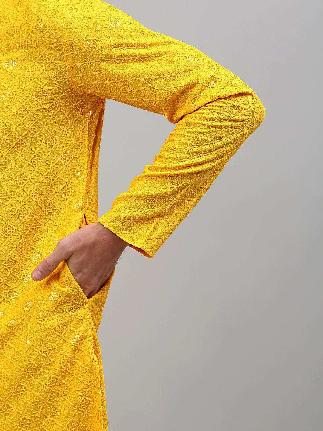 Men’s Yellow Geometric Embroidered Sequinned Kurta – Cotton, Mandarin Collar