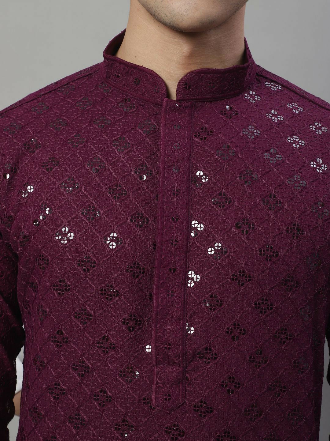 Men’s Purple Geometric Embroidered Sequinned Kurta – Cotton, Mandarin Collar