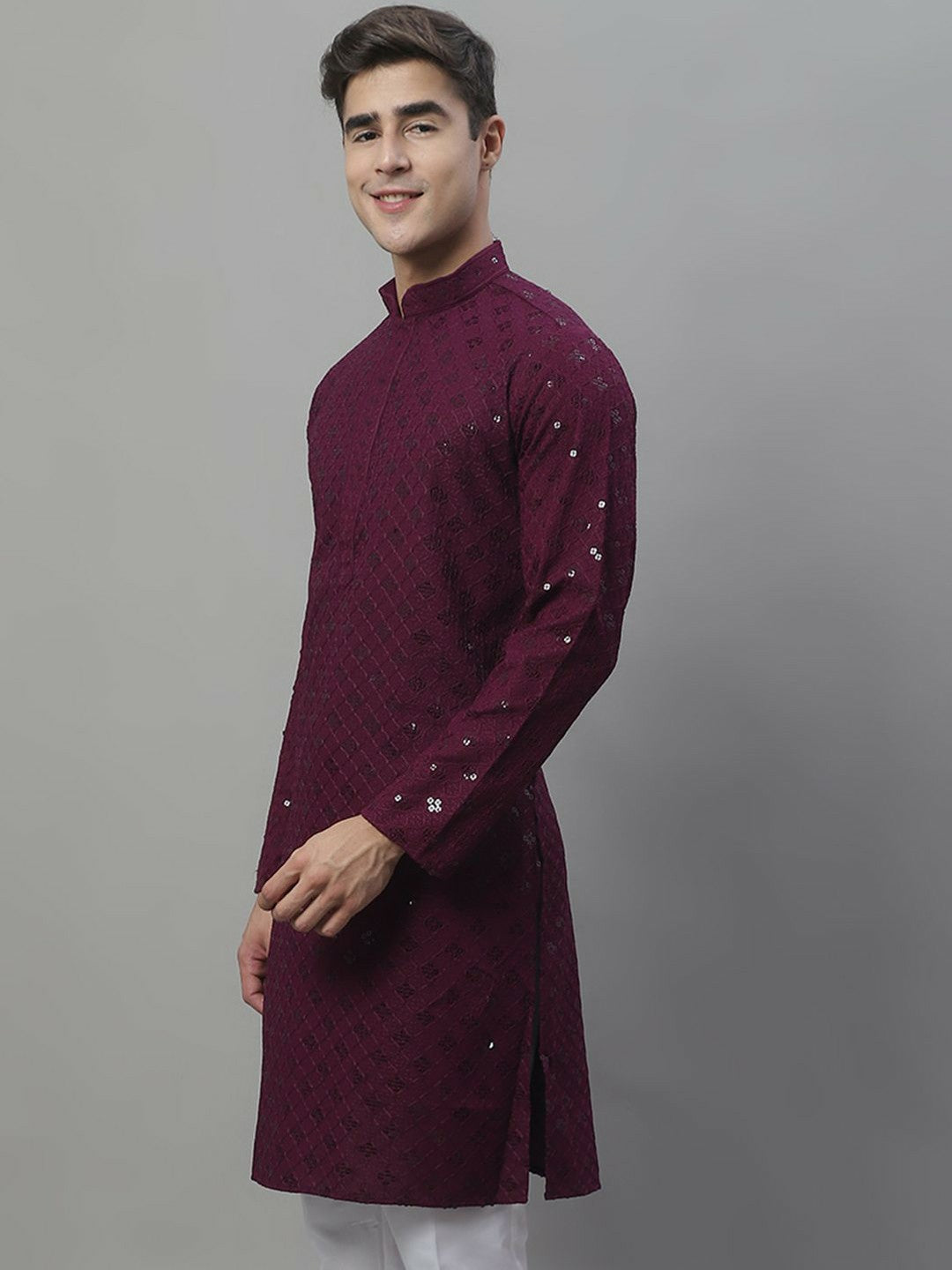 Men’s Purple Geometric Embroidered Sequinned Kurta – Cotton, Mandarin Collar