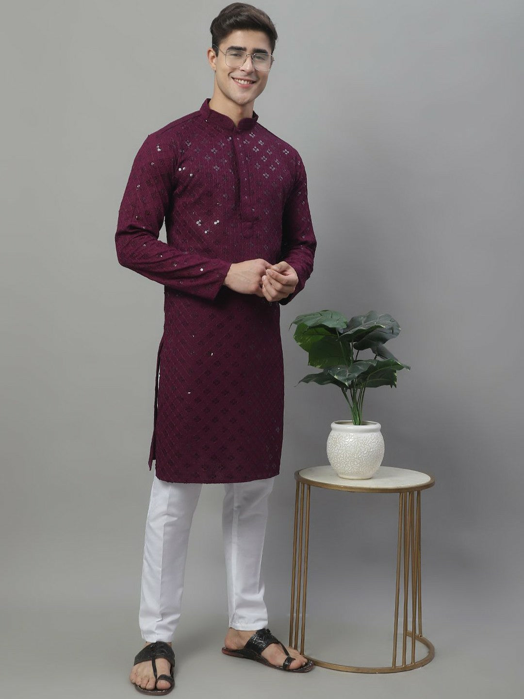 Men’s Purple Geometric Embroidered Sequinned Kurta – Cotton, Mandarin Collar
