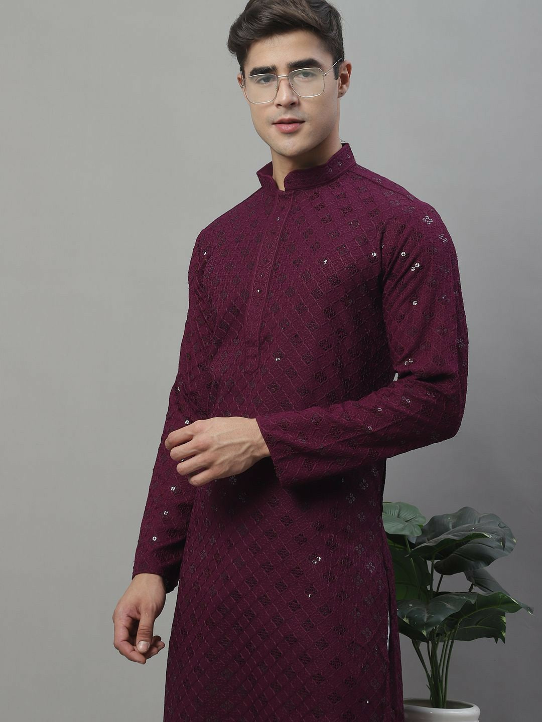 Men’s Purple Geometric Embroidered Sequinned Kurta – Cotton, Mandarin Collar
