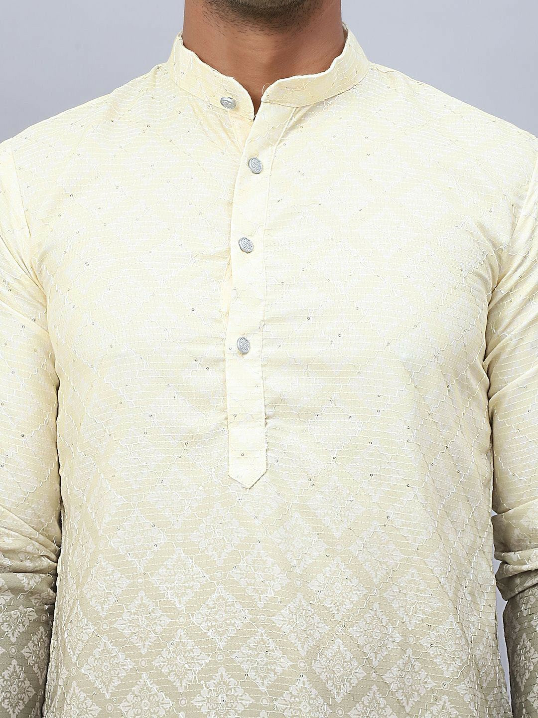 Men’s Grey Ombre Floral Kurta – Sequinned Mandarin Collar