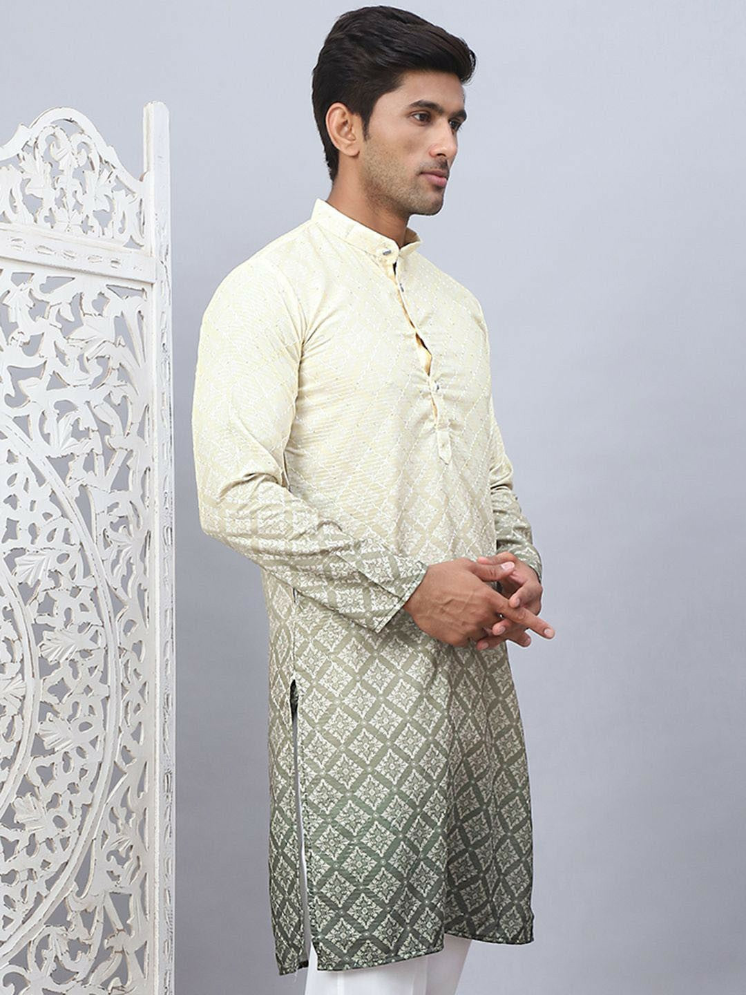 Men’s Grey Ombre Floral Kurta – Sequinned Mandarin Collar