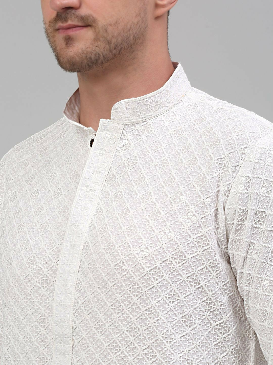 Men’s White Geometric Embroidered Cotton Kurta with Sequin Highlights