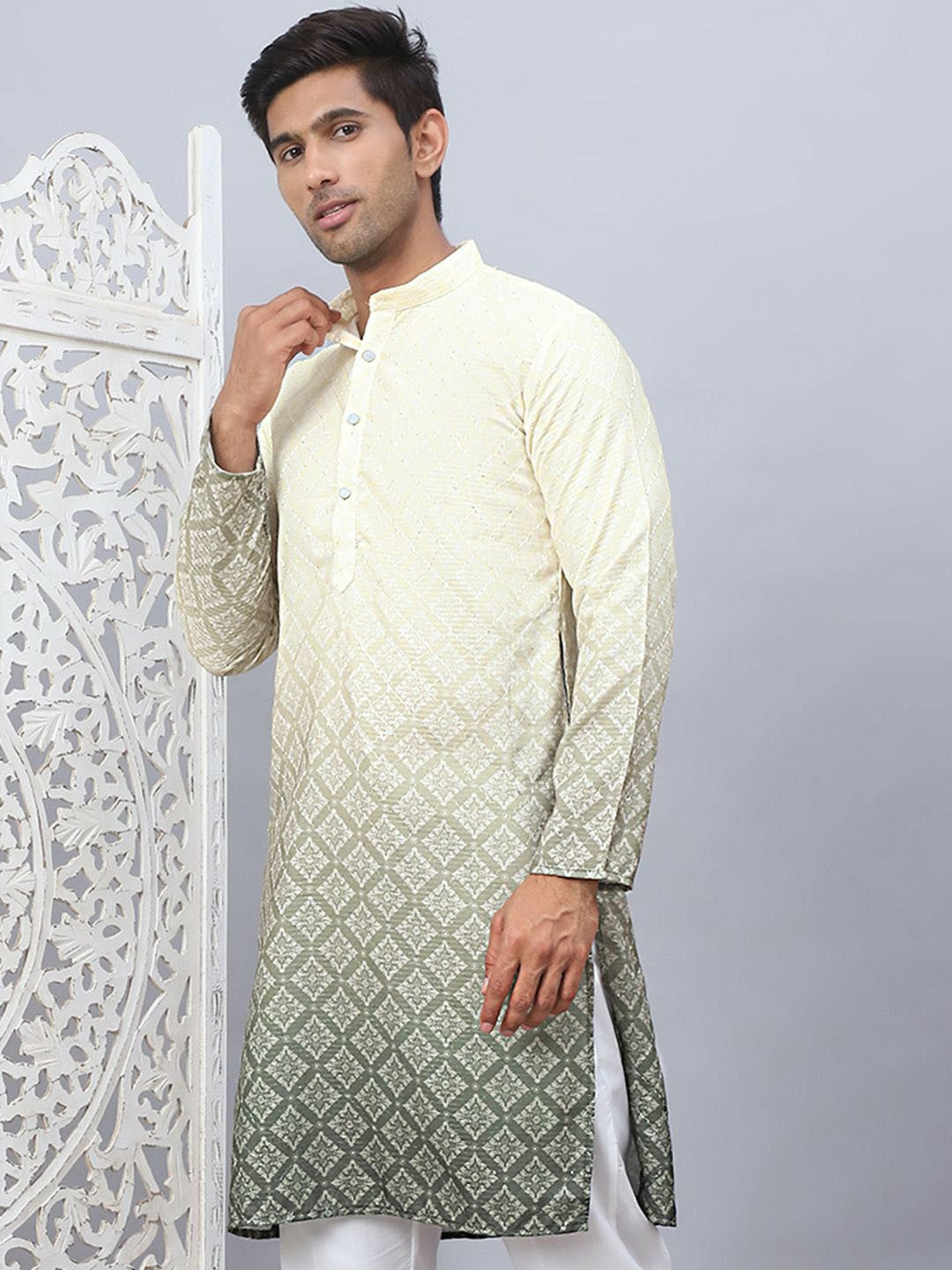 Men’s Grey Ombre Floral Kurta – Sequinned Mandarin Collar