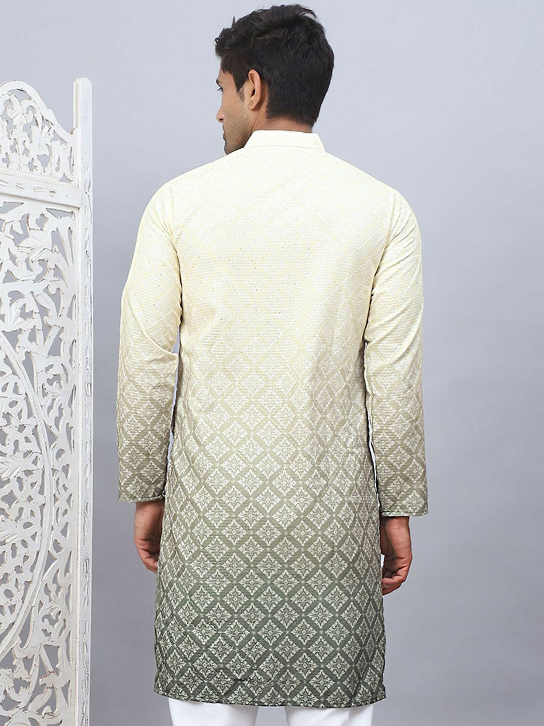 Men’s Grey Ombre Floral Kurta – Sequinned Mandarin Collar
