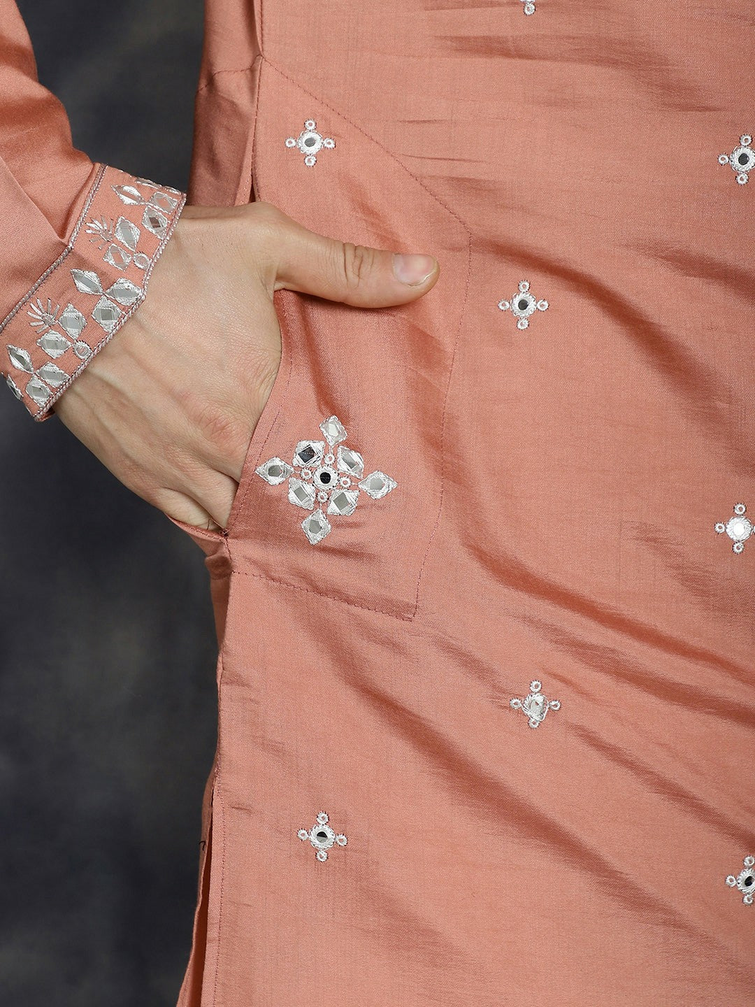 Men’s Peach Embroidered Thread Work Kurta in Cotton Silk | indiaista
