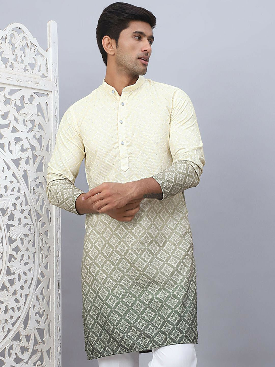 Men’s Grey Ombre Floral Kurta – Sequinned Mandarin Collar