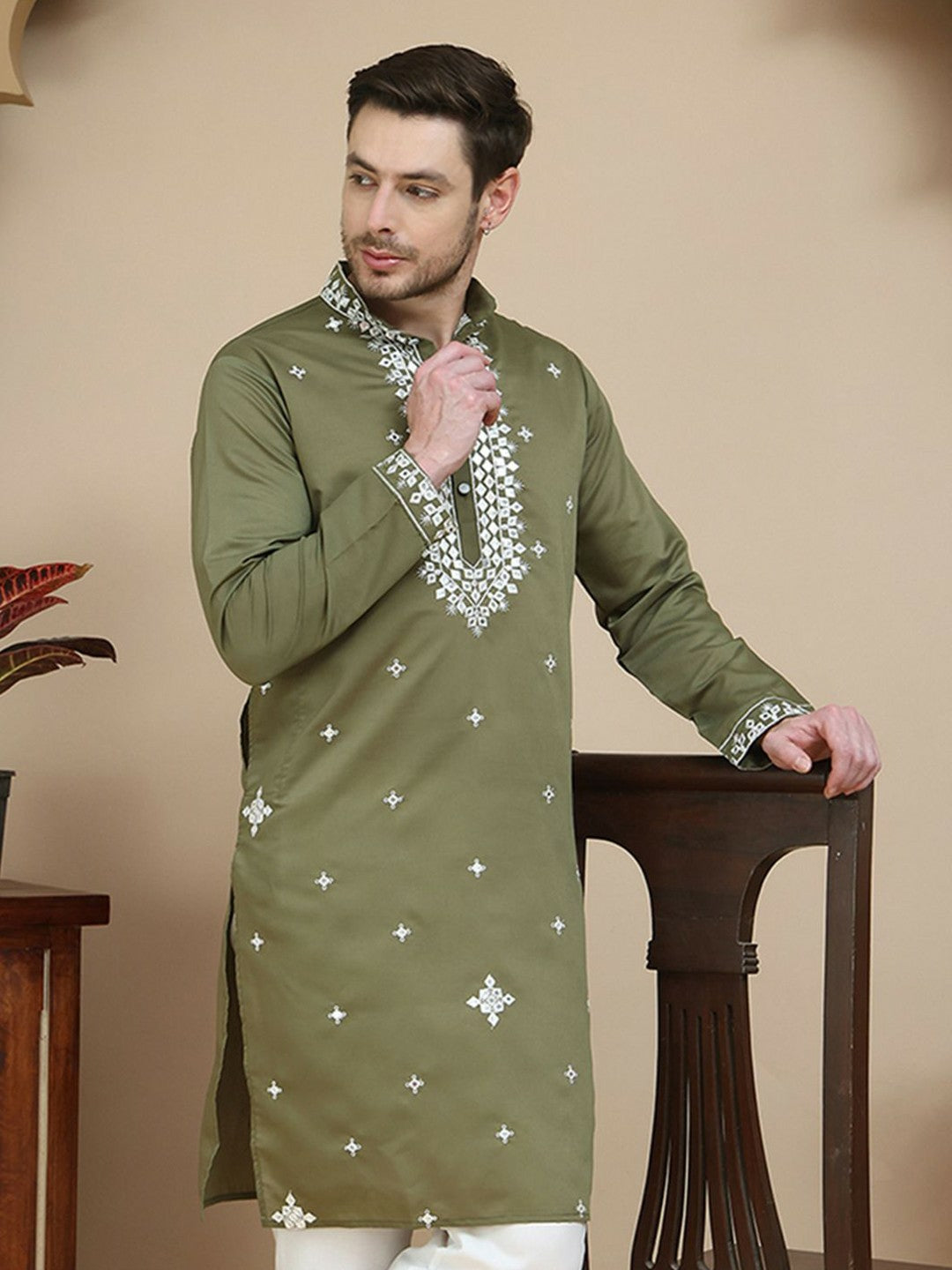 Men’s Olive Green & White Mirror Work Kurta with Geometric Embroidery | indiaista
