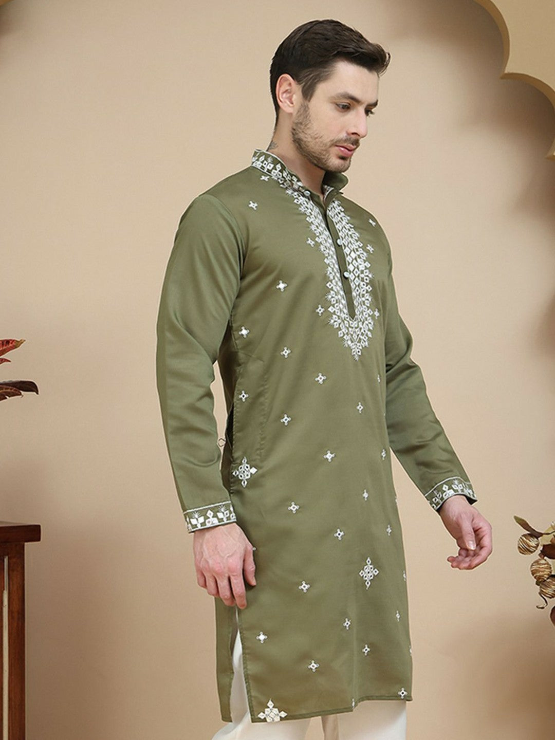 Men’s Olive Green & White Mirror Work Kurta with Geometric Embroidery | indiaista