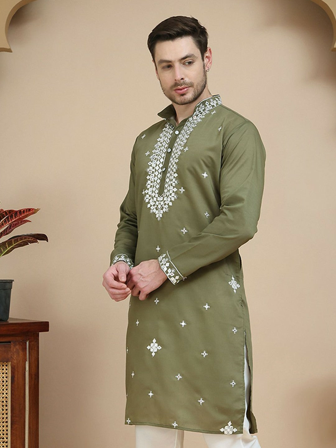 Men’s Olive Green & White Mirror Work Kurta with Geometric Embroidery | indiaista