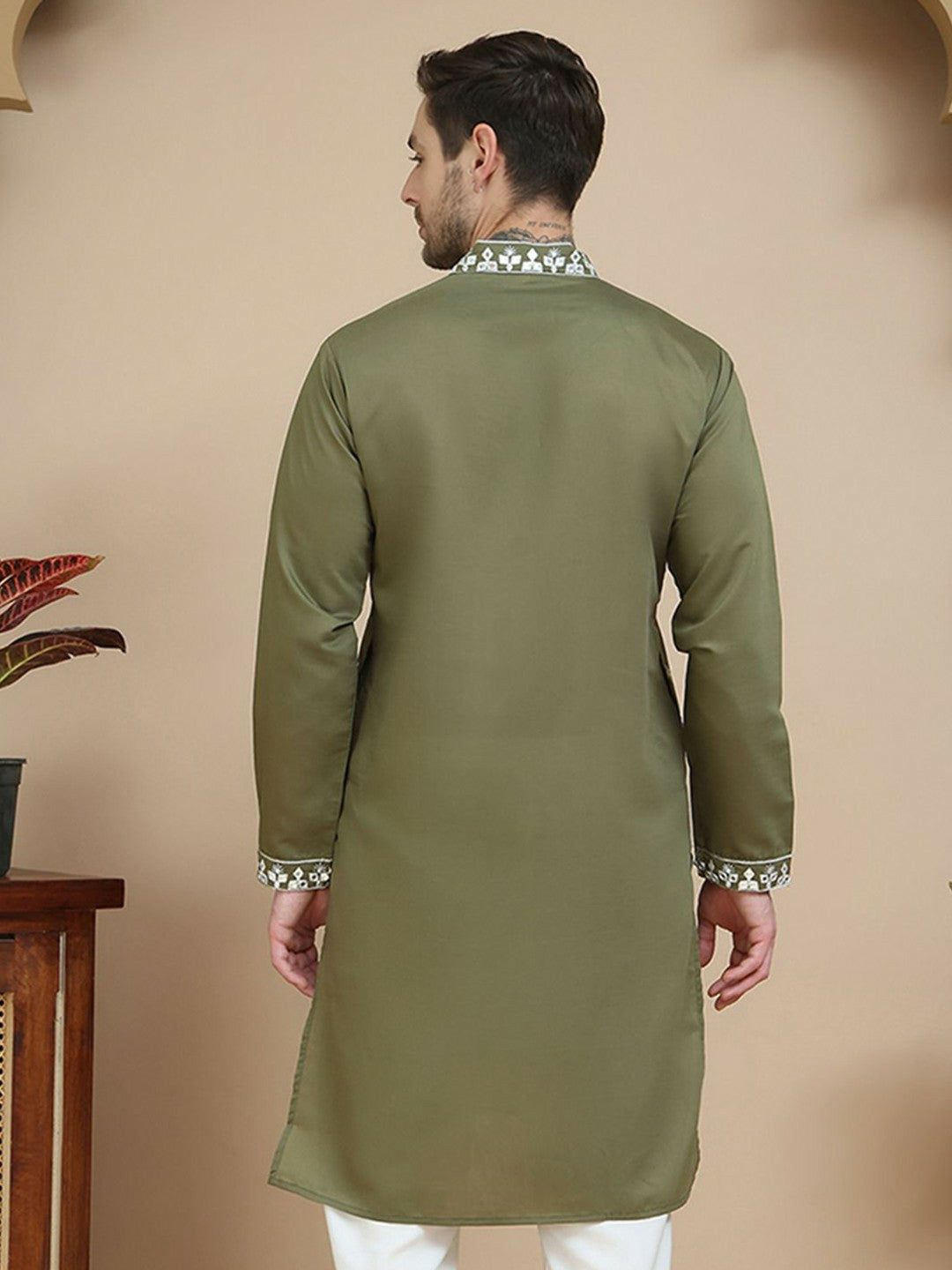 Men’s Olive Green & White Mirror Work Kurta with Geometric Embroidery | indiaista