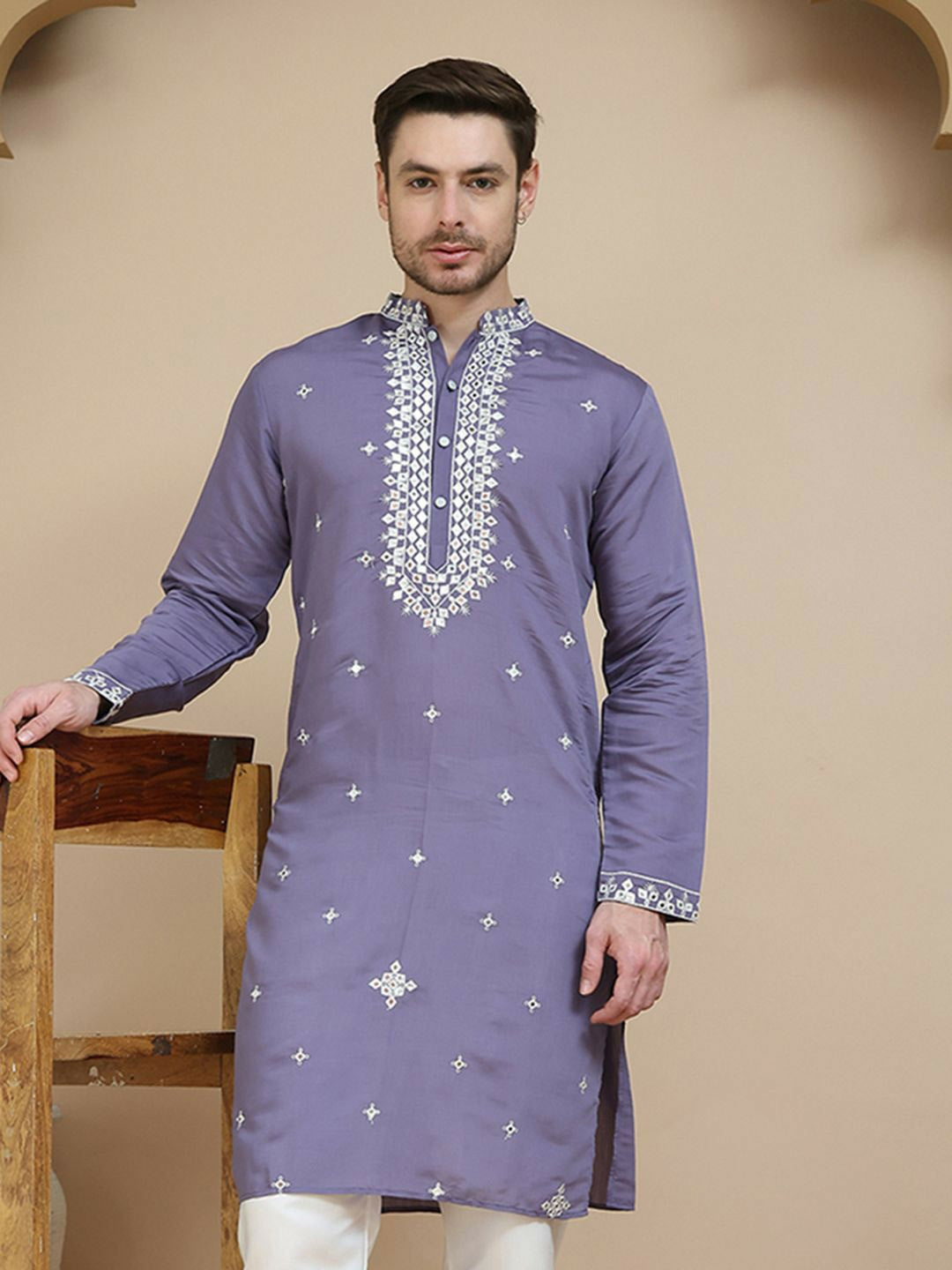 Purple & White Mirror Work Kurta for Men with Geometric Embroidery | indiaista