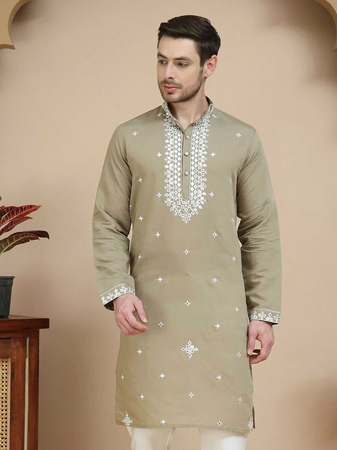 Brown & White Mirror Work Embroidered Kurta for Men | indiaista