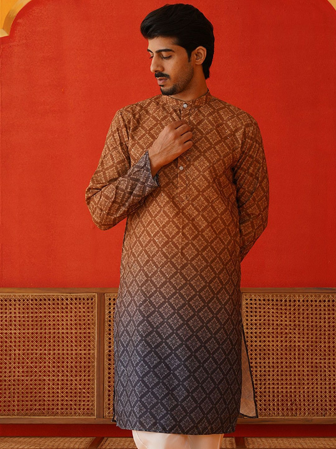Men’s Brown Floral Print Kurta – Sequinned & Mandarin Collar