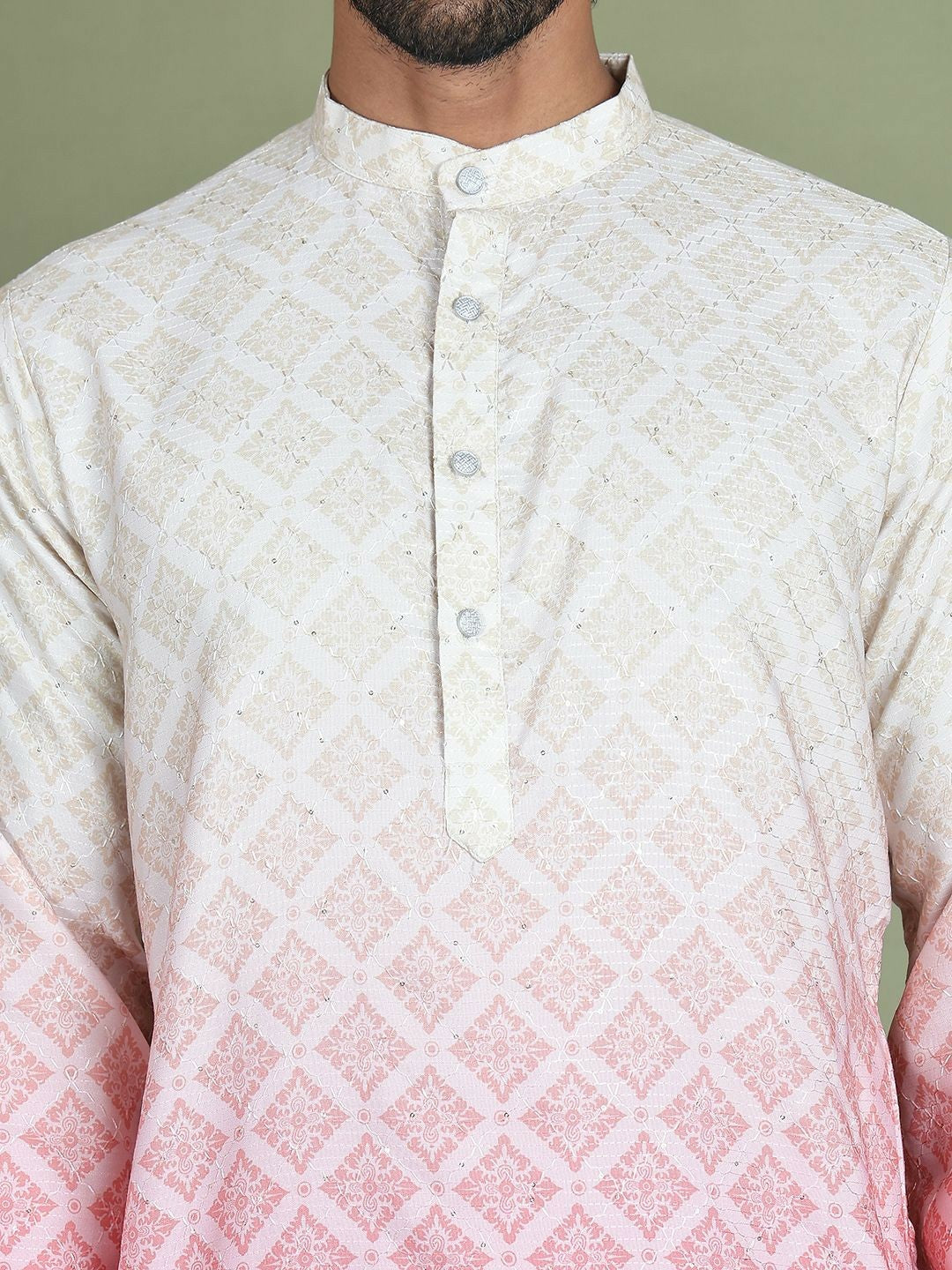 Men’s Peach Ethnic Motif Kurta – Sequinned with Mandarin Collar