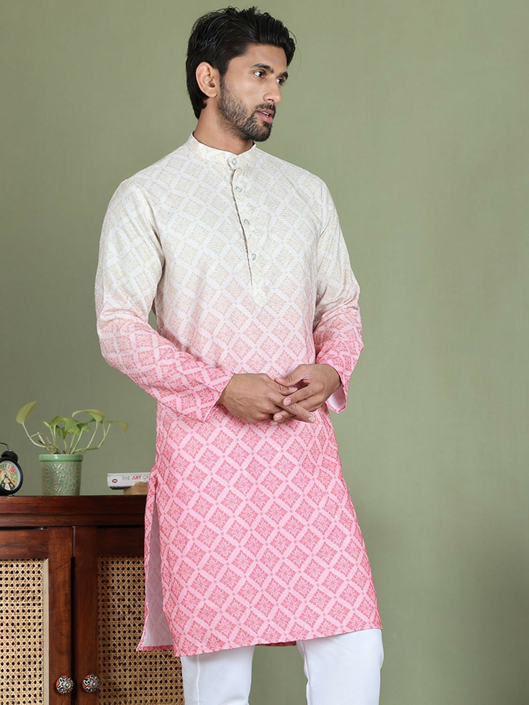 Men’s Peach Ethnic Motif Kurta – Sequinned with Mandarin Collar